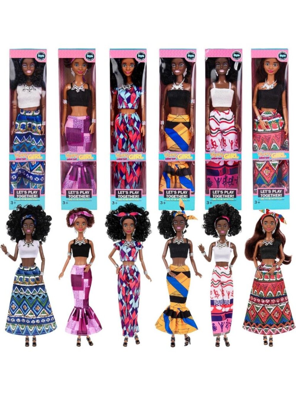 6 Pack African American Fashion Dolls Set - 11.5" Posable Dolls with Outfits